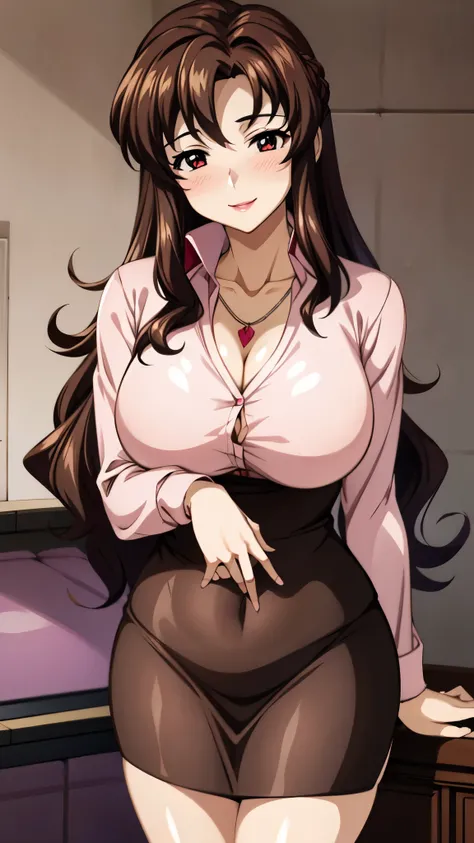 （SUPER QUALITY,super high resolution,16k,super masterpiece, ,detailed shading and background,）sexy mature woman,long brown hair,Pink shirt with a large collar and straight sleeves,tight red skirt,cleavage,necklace,Big Breasts,blush,with a maternal smile,Gl...