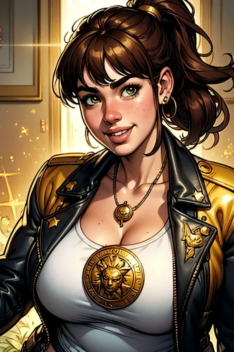 ABSURD QUALITY. natural lighting . Hyperrealism . fantastic comic book style illustration . A plus-size girl , chubby, brown hair with bangs and ponytail. funny smile. Wear a black leather jacket with gold stars on the shoulders over a whi...