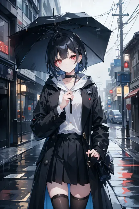 black hair, blue secret two-tone hair, red eyes, , slender body, one woman, high quality , rainy weather without an umbrella, black stockings, Long coat without pattern, Korea Street. dark night, umbrella, street light, Soft moonlight, highlight lighting...