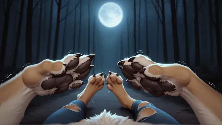 Pov:1.2, point of view, pov hands, pov body, hands up, laying, furry paw pov art, paw pov art, paws, pov art, furry paw art, own foot, feet, own feet, forefeet, stretching paw:1.1, paws, paw, thick toes, animal toes, brown claws, fluffy, body, morfing int...