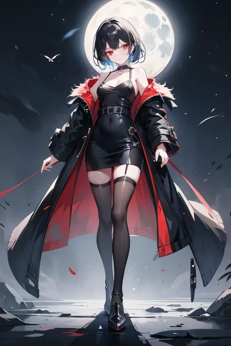 high quality, black hair, blue secret two-tone hair, red eyes, small breasts, slender body, one woman, black stockings, coat without pattern, dark night, Soft moonlight, No extra fingers, choker,