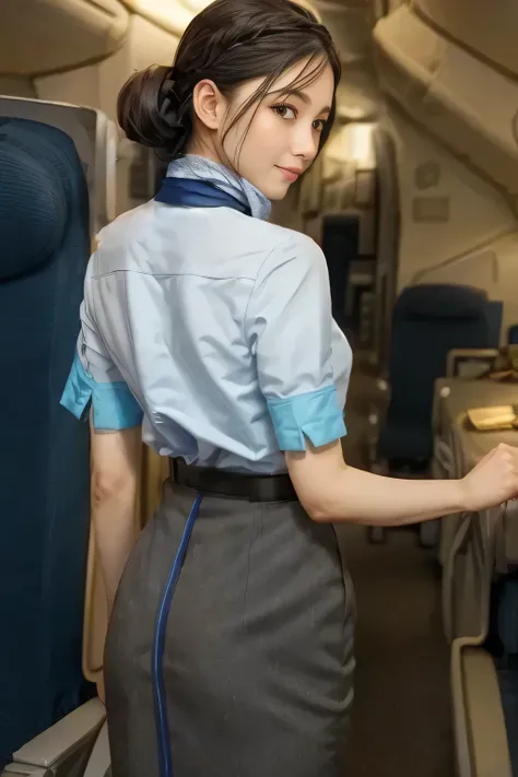 (masterpiece:1.2, best quality:1.2), 32kHDR, HD 。 perfect for loosely aligning your legs , (alone、 1 girl)、( daytime building rooftop 、 professional writing )、 against the roof of a building 、(ANA Flight Attendant Uniform Blue Wear 、real style )、(( A...