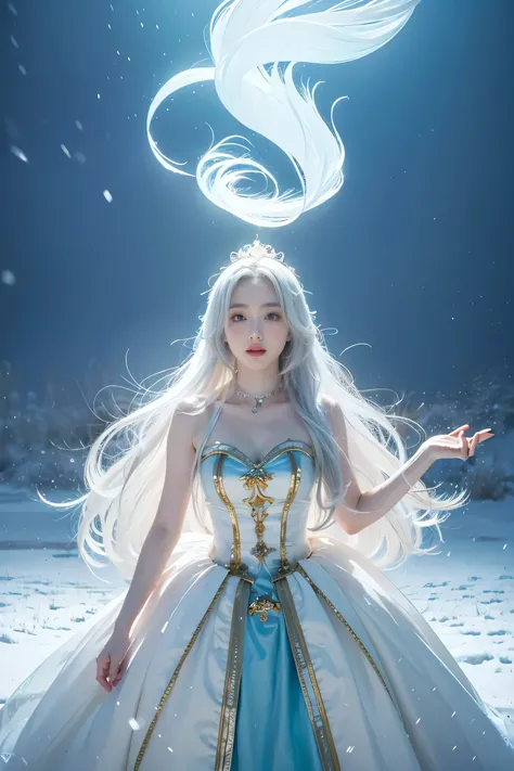 anime girl with long white hair and a blue dress in the snow, white haired deity, white hair floating in air, anime fantasy illustration, flowing white hair, beautiful young wind spirit, beautiful fantasy anime, glowing flowing hair, ethereal anime, beauti...