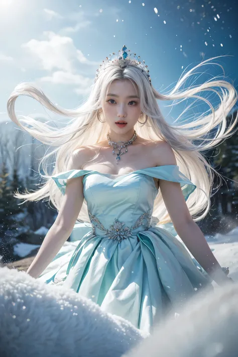 8k , Potrait , anime girl with long white hair and a blue dress in the snow, white haired deity, white hair floating in air, anime fantasy illustration, flowing white hair, beautiful young wind spirit, beautiful fantasy anime, glowing flowing hair, etherea...