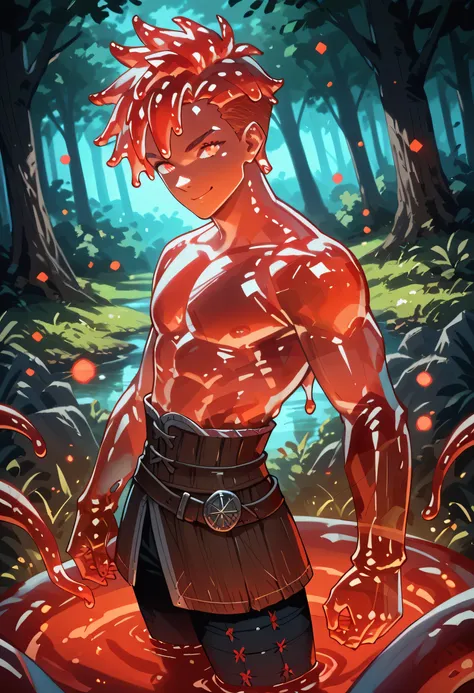 red hair, red skin, spiky hair, strong physique, glowing red eyes, red slime, slime, man, anime style, fighter, smiling, night, fantastic lighting, focus on character, solo, messy hair, strong, forest background, monster, red slime tentacles, medieval, sid...