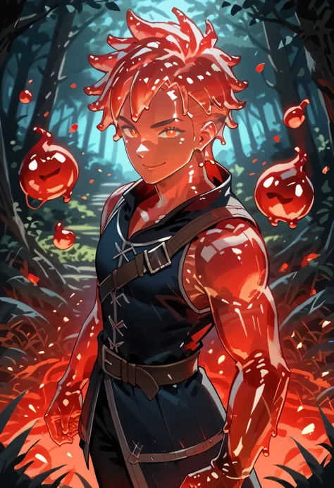 red hair, red skin, spiky hair, strong physique, glowing red eyes, red slime, slime, man, anime style, fighter, smiling, night, fantastic lighting, focus on character, solo, messy hair, strong, forest background, monster, red slime tentacles, medieval, sid...