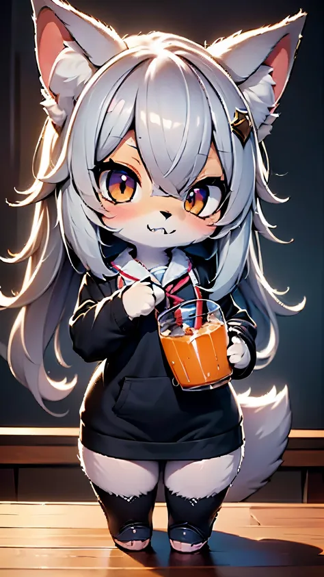 solo,1 female wolf drinks \(silver wolf,fluffy,cute, cute,( chibi:1.5),Age 15,smile, opens her mouth,sharp teeth,floating hair,Hair Color Silver,long hair,Eye color cosmic ,big eyes,JK,JK uniform,Tapiocaミルクティーを飲む\(Tapioca\)\),background\(outside,Downtown,s...