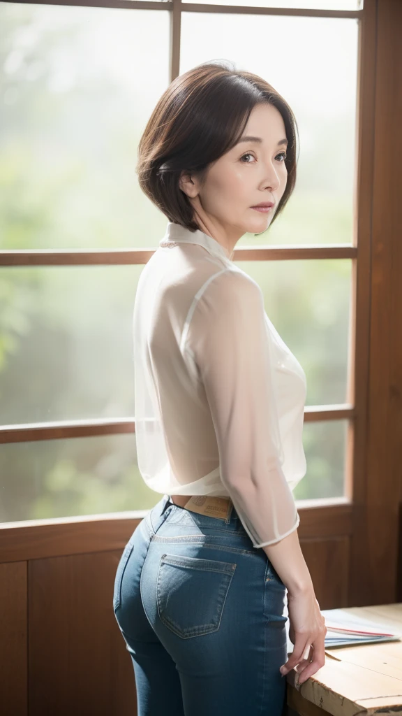 HD,  HD,   attention to detail , masterpiece,   anatomically accurate ,   sharp, ((Japanese,mature woman)),(80 years old:1.5),(old woman:1.5),(( Small saggy breasts)),(Aged and saggy body :1.3),(bob cut),(Petite Mature),Long light brown hair ,bungs,(Standi...