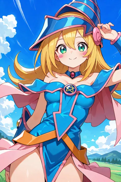 score_9, score_8_up, score_7_up, score_6_up,Clear illustration, Clear illustration, Detailed depiction, Thin line drawing
Expressive, Vivid colors, One girl, Black Magician Girl, Blonde hair, Choker, Green eyes, Long hair, Blush, Blush sticker, Duel monste...
