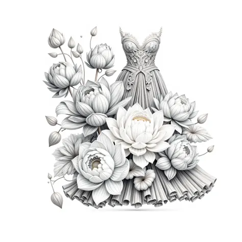 Beautiful line art illustration of an elegant long dress made of lotus flowers on a white background, monochrome, hyperrealistic illustration.