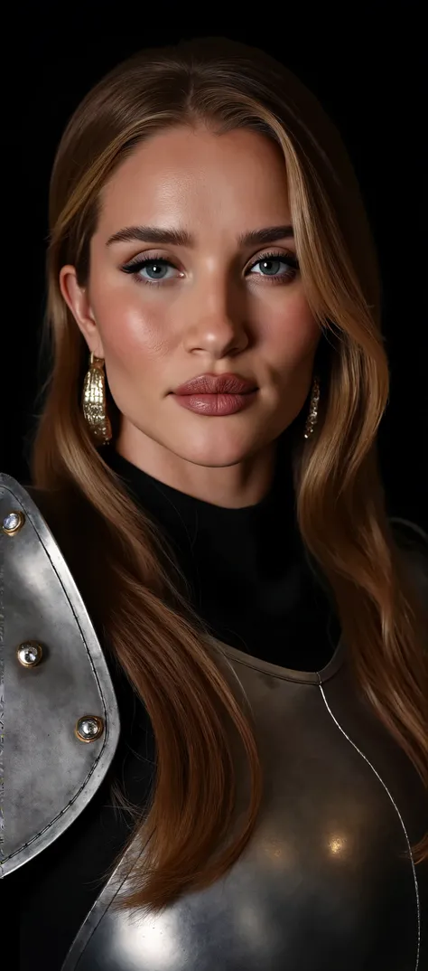 girl with dark red hair, In light armor , contagious smile , natural pose, High detail, absolutely black background