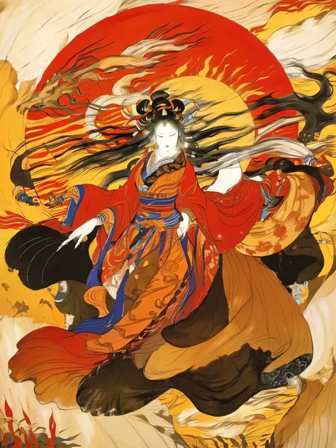  ukiyo-e, god様、非常にexhaustive  ,    Put your back to the sun 、Amaterasu,Amaterasu god,red, 女godが着ている、Long bonds   ,   flowing black hair     ,    that shows a charming and beautiful landscape、drawing wonderful depictions down to the details ,  , , stands gr...
