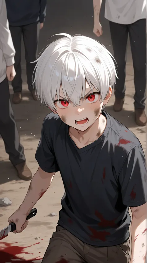 young boy ,white short hair, red eyes, dirty body and blood black clothes fighting with people uses knife angry
