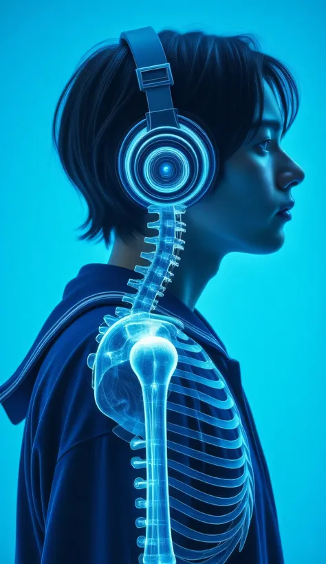  WEARING BIG HEADPHONES :1.21, Precise radiography of a young man:1.21, Skeleton specimen, long hair hair on one side, sailor suits, blue background, 