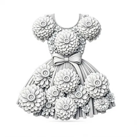 A black and white pencil drawing，depicts a lovely dress made entirely of dahlias，has no background，Simple style 。Simple design cute and peculiar，Great for coloring books。