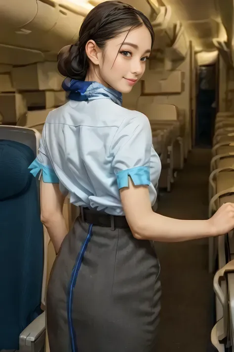 (masterpiece:1.2, best quality:1.2), 32kHDR, HD 。 perfect for loosely aligning your legs , (alone、 1 girl)、( daytime building rooftop 、 professional writing )、 against the roof of a building 、(ANA Flight Attendant Uniform Blue Wear 、real style )、(( ...