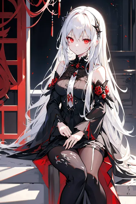 anime girl with long white hair, red eyes and black dress sitting on a table, an anime drawing inspired by Wojciech Weiss, pixiv, gothic art, from girls frontline, anime girl wearing a black dress, girls frontline style, perfect white haired girl, fine det...