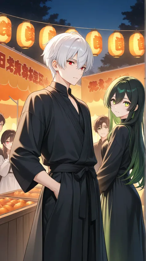 men,white short hair,red eyes,black clothes walk together with girl darkgreen long hair  green eyes black clothes in festival