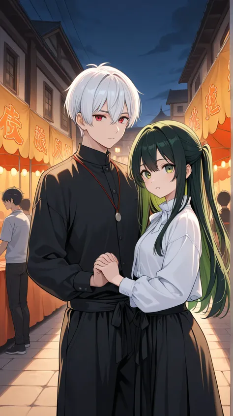 men,white short hair,red eyes,black clothes walk together with girl darkgreen long hair  green eyes black clothes in festival