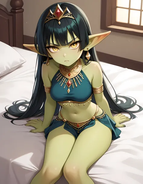 masterpiece, green skin,Fubuki, disdain,complaining, 1 girl, black hair, long hair, medium breasts, yellow eyes,goblin girl, short stack, thin thighs, blue crop top, (belly dance),belly dance clothes,skirt, and gold accessories,exposed thighs, legs togethe...