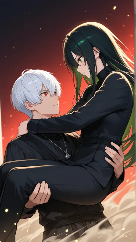 men ,white short hair,red eyes,black clothes carry girl darkgreen long hair green eyes black clothes battle lots of dust and particles