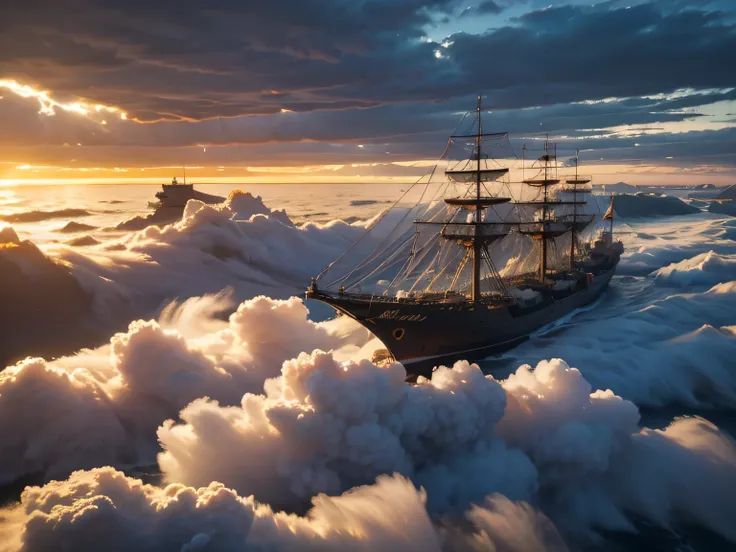 Three huge swirls of clouds on a dim sky,Each has a bronze utensil in the middle,Below is a sparkling sponge,There are several ancient Chinese giant ships on it,