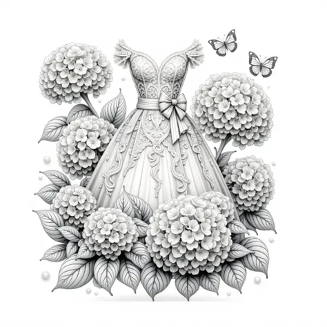 Beautiful line art illustration. Depicts an elegant long dress surrounded by delicate hydrangeas. White background. Black and white illustration. Adult coloring page.