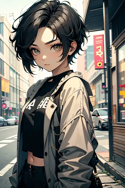 Uma garota, 14 anos, Pixie style short black hair, Stylish hair using minimalist and casual outfits,  Sweet looking  . Better Quality, pretty face, hd, 8k, 1.2