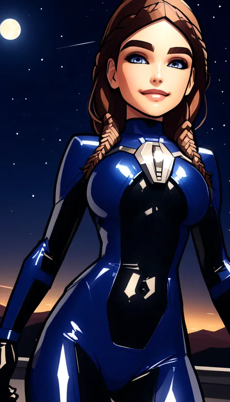 beautiful amazing 3D render, score_9, score_8_up, score_7_up, super low angle, very-tight plugsuit, shiny latex, underangle, intently looking down at viewer, 1girl, Kawaii face, Alia Atreides, very-detailed face, flawless face detail, illustrious, huge bre...