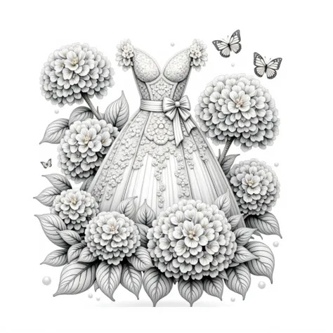 Beautiful line art illustration. Depicts an elegant long dress surrounded by delicate hydrangeas. White background. Black and white illustration. Adult coloring page.