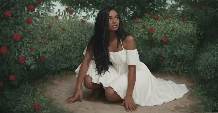 a girl kneeling in a rose garden wearing a long white dress, straight black hair, long hair, round chin, snub nose, black eyes, BROWN LIPS, sorriso, boca aberta, perfect teeth, sardas, glowing skin, medium bikini, big feet , bare feet