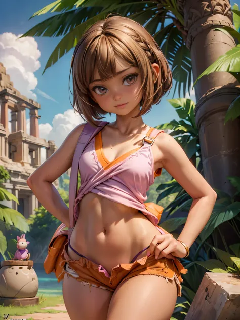 (masterpiece), best quality, expressive eyes, perfect face, (Maya Ruins deep in the jungle background), (standing), (smirk), (1girl, age 18+, Jenna Ortega face, Latina, dark skin, tanned skin, brown hair, short hair with bangs, bob hairstyle, brown eyes, h...