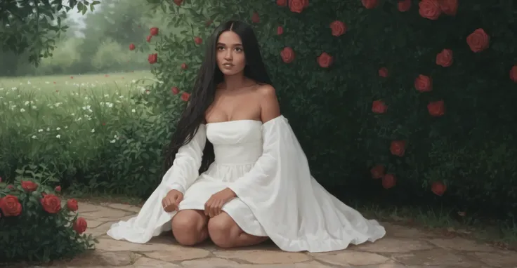 a girl kneeling in a rose garden wearing a long white dress, straight black hair, long hair, round chin, snub nose, black eyes, BROWN LIPS, sorriso, boca aberta, perfect teeth, sardas, glowing skin, medium bikini, big feet , bare feet