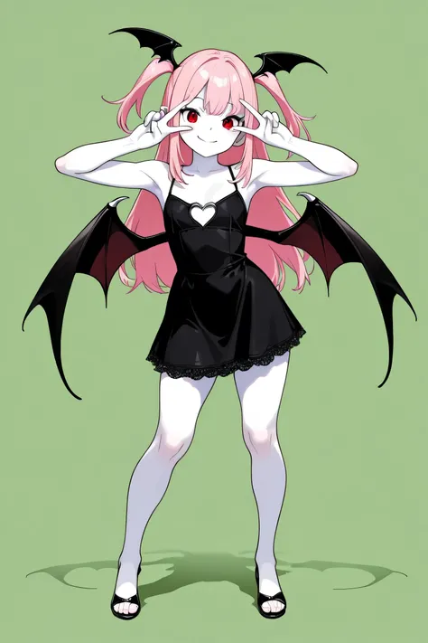 (best quality, Background details), best quality, Original detail、dynamic art,,anatomically correct, full length, (double peace), (double peace Sign), provocative gaze, Red Eyes, one girl, () white skin, succubus, long hair, pink hair, (Two Sides Up ), bat...