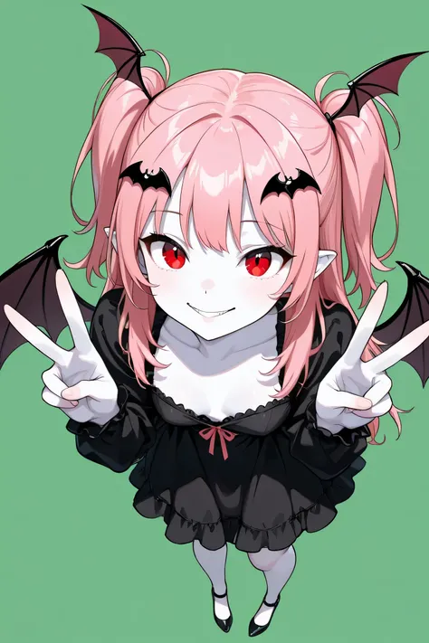 (best quality, Background details), best quality, Original detail、dynamic art,,anatomically correct, full length, (double peace), (double peace Sign), provocative gaze, Red Eyes, one girl, () white skin, succubus, long hair, pink hair, (Two Sides Up ), bat...