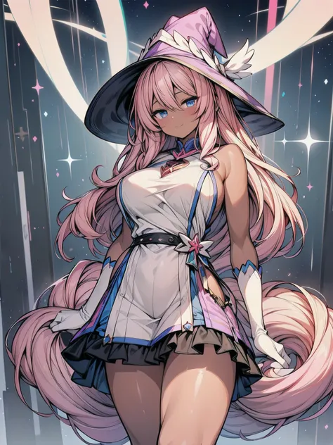((dark skin)),(black skin:1.2),masterpiece, best quality, Super Detail, exquisite, beautiful,((1 person)), semi-long hair, thick legs, Amorous face,(gigantic sagging breasts:1.3),Magical Girl. pink hair. magic wand on the hill.Baby Face,is 150 centimeters ...