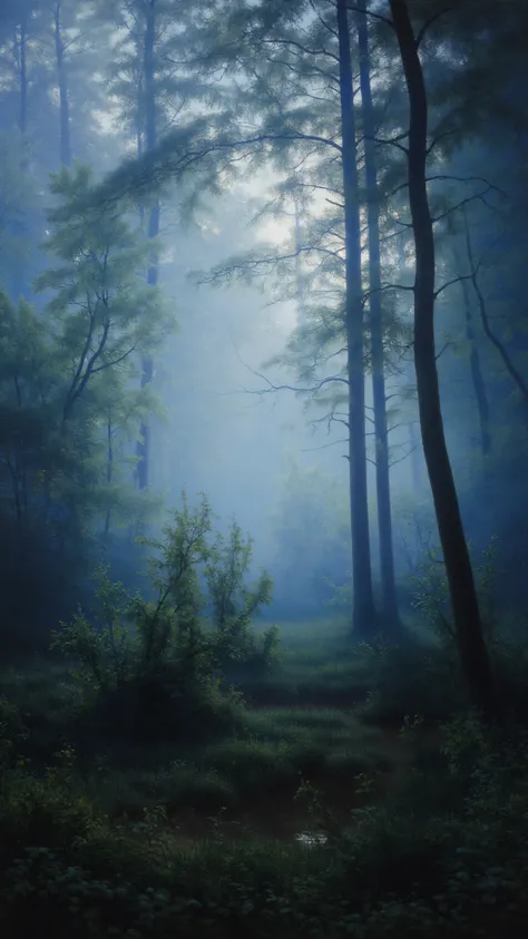 impressionist,Cinematic wide shot, dawn foggy forest, dappled sunlight through canopy, strong volumetric lighting (Tyndall effect), cool tone (steel blue + lavender mist), soft focus treatment, aerial perspective, flowing mist like chiffon veil, 35mm film ...