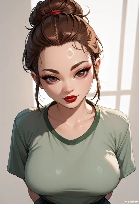 simple background, perfect face, hair bun, brown hair, (forehead), black thin eyebrows, big glowing brown eyes, thick red lipstick, beautiful woman, shirt, green shirt, medium breasts, pov, fisheye lens effect, ((female asian)), asian, arms behind back