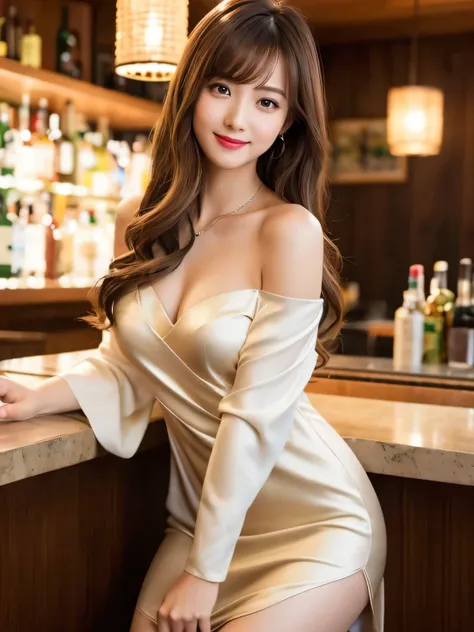 Highest quality、8k wallpaper、Reality:1.4、Photographed by a professional photographer、Cinema Lighting、View your viewers、background:Gorgeous bar lounge at night、1 beautiful girl、Japanese Idol、30 years old、Beautifully detailed eyes、Detailed face、Beautiful Ski...