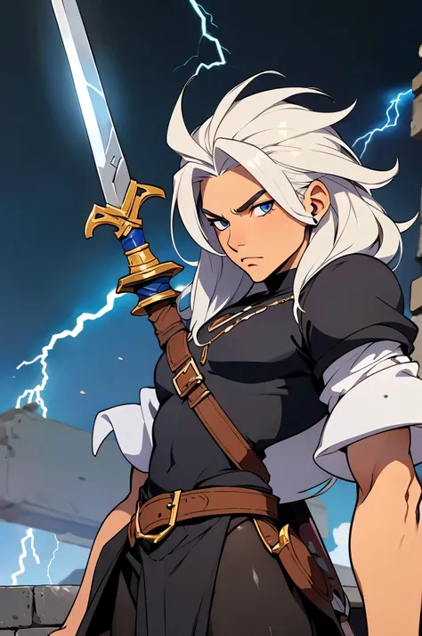 Create sprite for a pixelated game similar to Chrono Trigger for men with white hair, Black clothes and blue sword with small lightning around the sword
