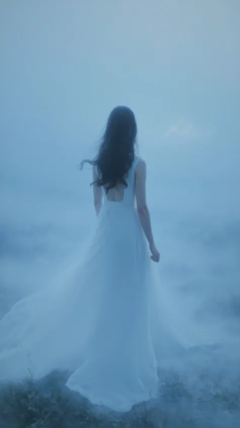 impressionist,Vision,超Vision。In the Mist,Back view of a girl with long hair in a white dress。blue tone atmosphere