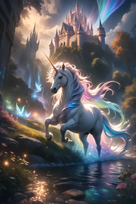 iridescent mane from a unicorn's horn, Stand Up,A magical landscape blessed with horns , bright colors to illuminate a foggy night, Created against the backdrop of an enchanting castle, a majestic unicorn with an ethereal glow, creates a path of light that...
