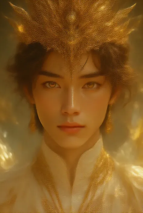 The person with gold-dyed hair、Golden Eye((The Golden-Eyed Prince))A beautiful man with a very thin, smooth chin((Bob cut at both ends with bangs and long hair at the back))The most beautiful male prince smiles((very, very large golden creases))Accurate an...