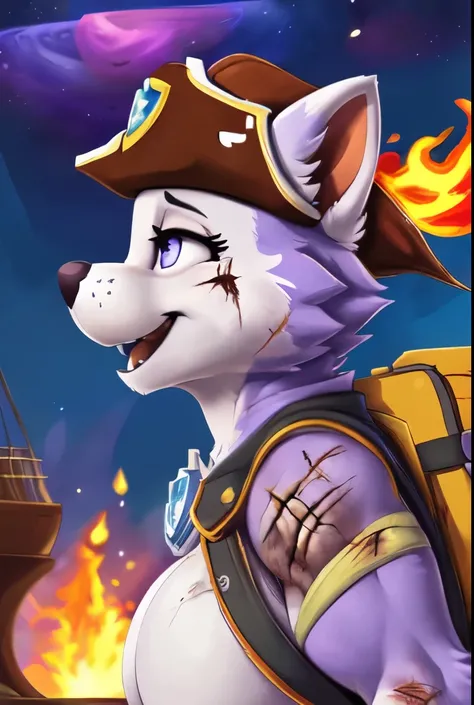 Everest, ((Paw Patrol)), ((female solo)), domestic dog, female, adult female, blue eyes, (lavender fur:1.65), ((lavender body)), (wearing pirate outfit:1.45), (wearing pirate waiscoat:1.45), (wearing Paw Patrol bagpack:1.45), (wearing pirate hat:1.45), ((s...