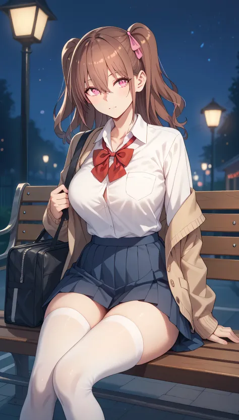 KJOmikari wearing a school uniform and white stockings, pretty, curvy, brown hair, pink eyes, two side up, hair between eyes, fair skin, large breasts, boring, stoic, sitting on a street bench, alone, at dusk, (night scene:1.2), drawn in an anime style
