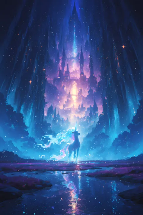iridescent mane from a unicorn's horn, Stand Up,A magical landscape , rich colors to illuminate a foggy night, Created against the backdrop of an enchanting castle, a majestic unicorn with an ethereal glow, creates a path of light that sparkles in quiet wa...