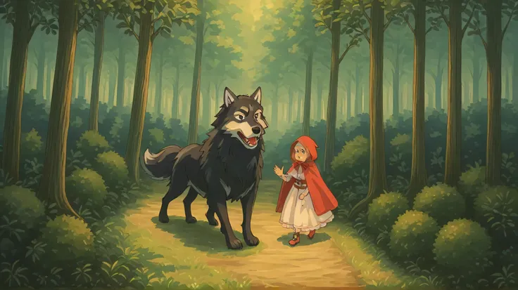 fairytale girl image Little Red Riding Hood walking in the forest and a wolf with a really big wolf