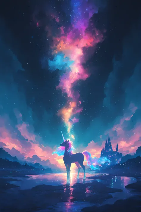 a majestic unicorn with an ethereal glow,iridescent mane from a unicorn's horn, Stand Up,A magical landscape , rich colorful colors to illuminate a foggy night, an enchanting castle on background, a path of light that sparkles in quiet water, fantastic dre...