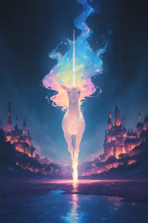 a majestic unicorn with an ethereal glow,iridescent mane from a unicorn's horn, Stand Up,A magical landscape , rich colorful colors to illuminate a foggy night, an enchanting castle on background, a path of light that sparkles in quiet water, fantastic dre...