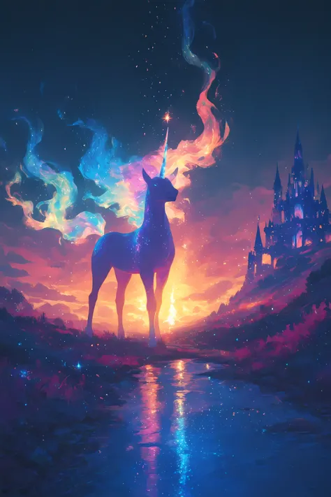 a majestic unicorn with an ethereal glow,iridescent mane from a unicorn's horn, Stand Up,A magical landscape , rich colorful colors to illuminate a foggy night, an enchanting castle on background, a path of light that sparkles in quiet water, fantastic dre...